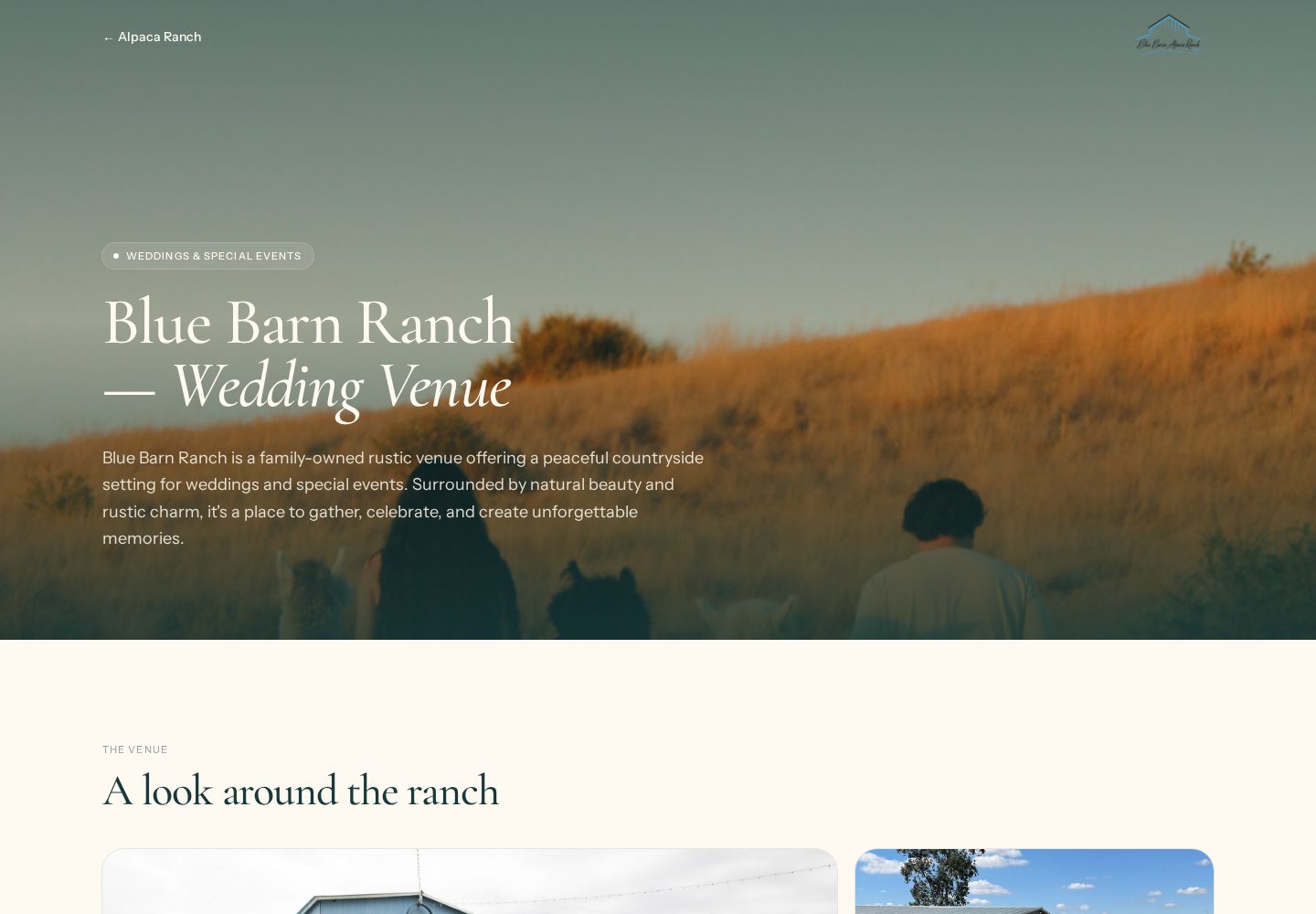 Blue Barn Alpaca Ranch website — Wedding Venue page
