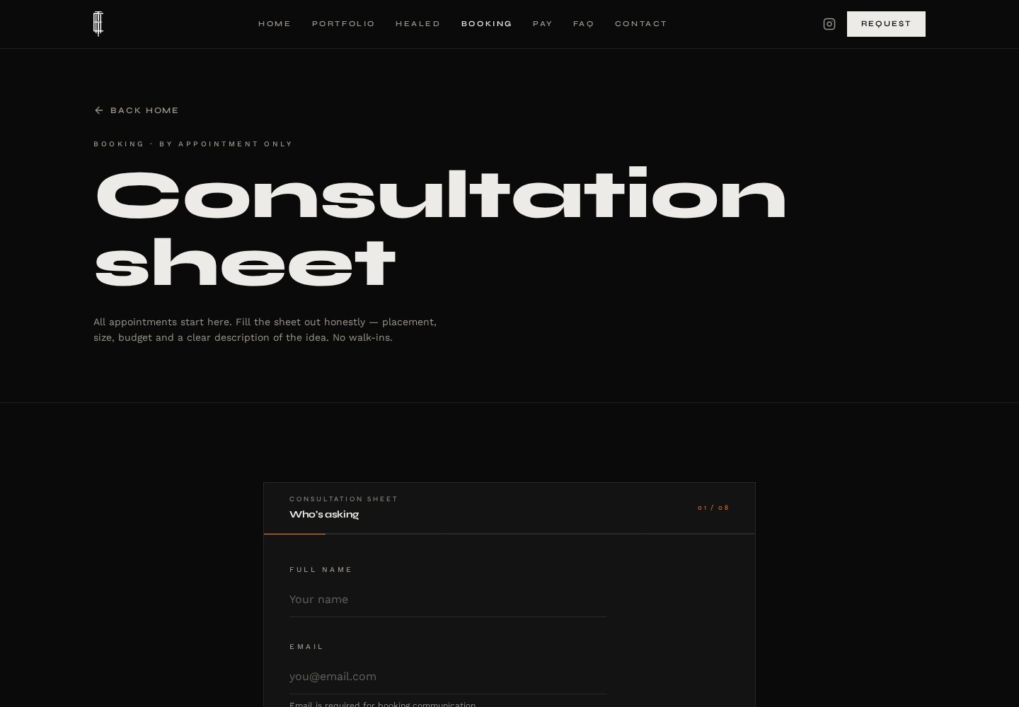 Ely Haack website — Booking page
