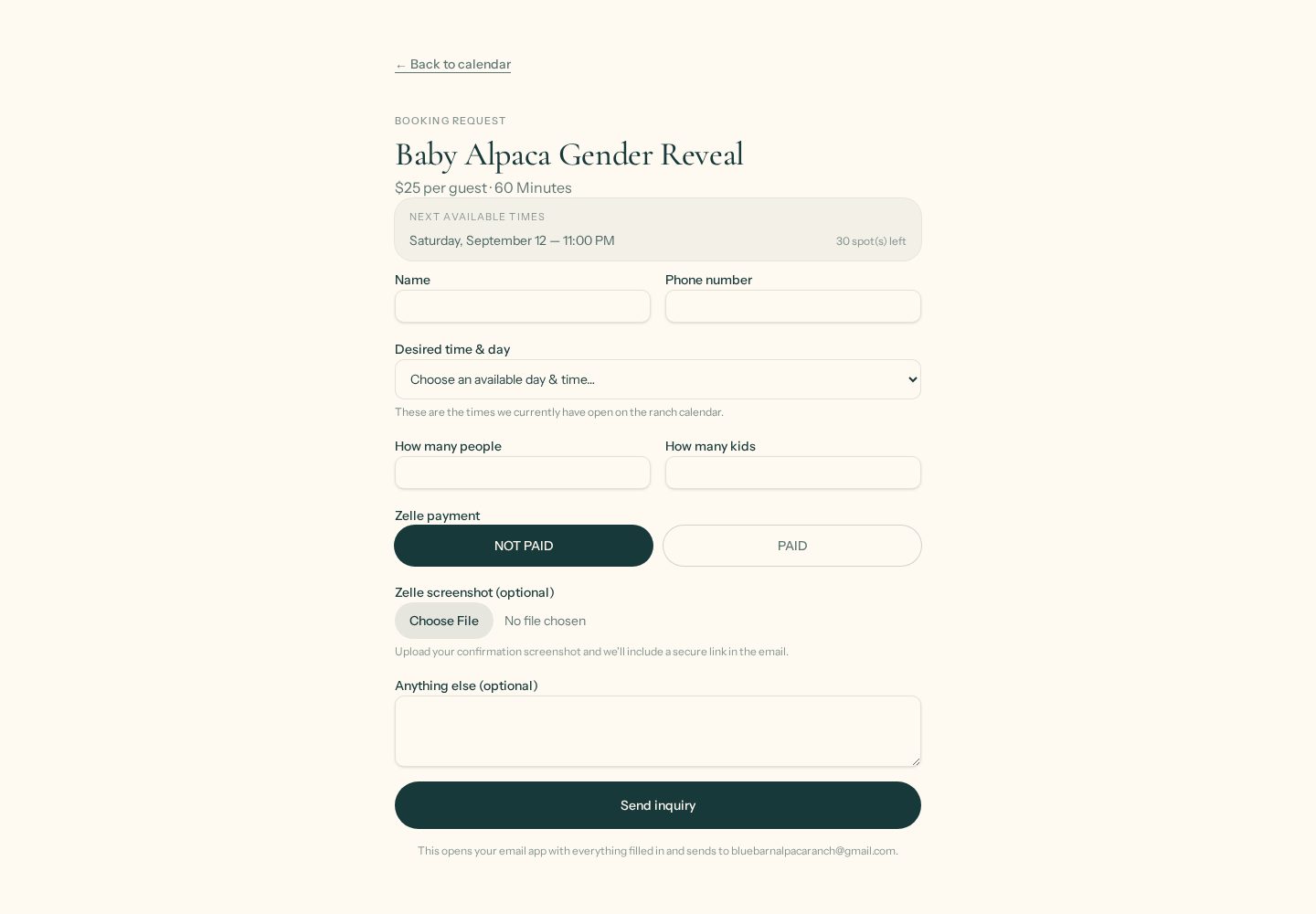 Blue Barn Alpaca Ranch website — Booking page