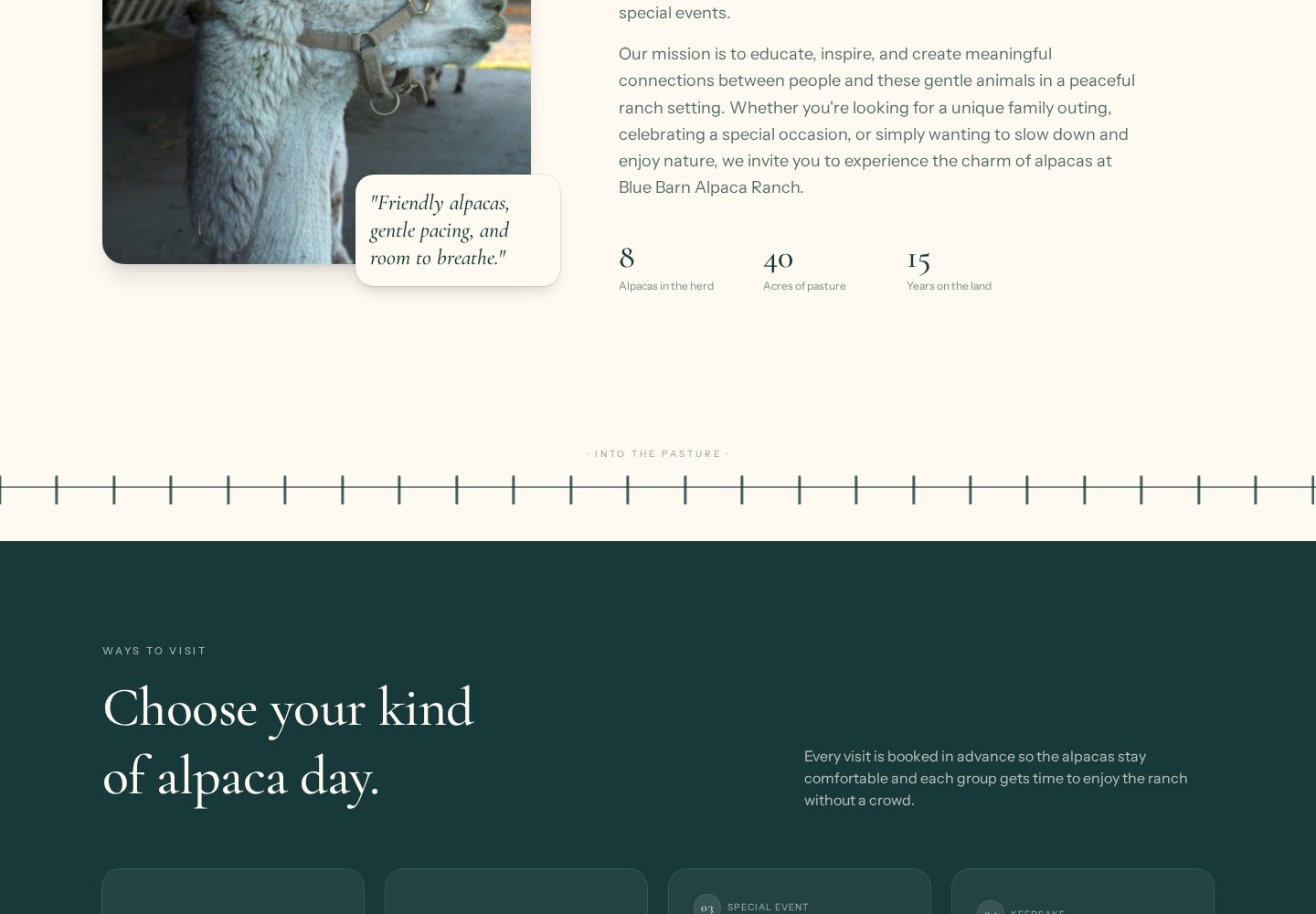Blue Barn Alpaca Ranch website — Experiences page